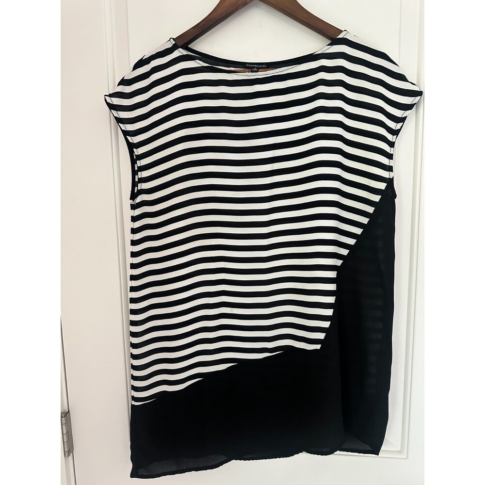 Conrad C Collection Womens Short Sleeve Striped Blouse Black White Sz 8